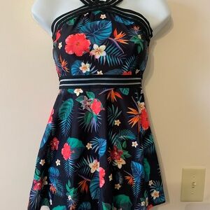 Girls' Black Tropical Floral One-Piece Swimdress